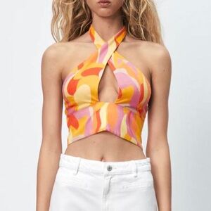 Zara Linen blend printed Cropped Top